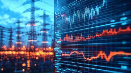Energy Grid Fluctuations Digital Graph Overlay on Powerline Bokeh