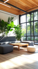 Fototapeta premium Modern living room with plants, natural light, and wooden accents