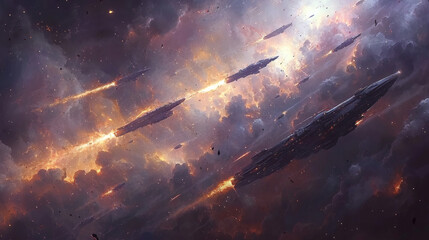 Spaceship Battle in the Nebula:  A fiery, dramatic scene of spaceships engaging in a fierce battle amidst a swirling nebula, with lasers blazing and explosions illuminating the sky.