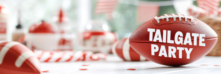 Tailgate party text with American football ball on foreground, festive decoration on banner background