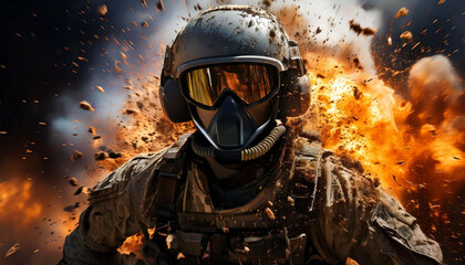 Armored Soldier in Explosion with Flying Debris - Intense Battle Scene