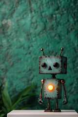 Friendly Metal Robot Glowing Button Retro Technology Innovation Artificial Intelligence Concept