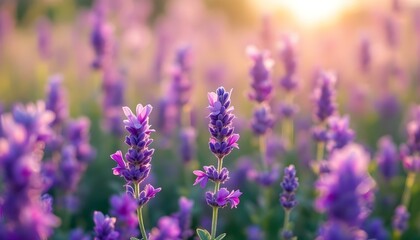 Obraz premium Soft focus on the beautiful purple lavender flowering field, blur natural flower background. Lavender flowers field, soft focus. Beautiful nature summer background. Beautiful purple lavender flower