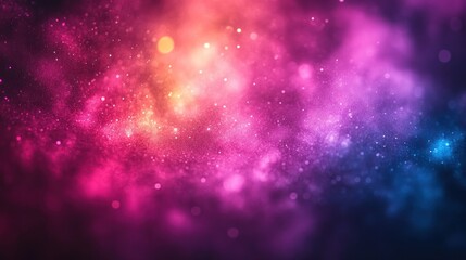 Naklejka premium Abstract cosmic nebula with vibrant pink, orange, and blue hues, glittering particles and bokeh.