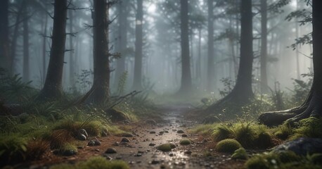 Obraz premium an atmospheric shot of a misty forest floor with a subtle pattern of tiny insects moving about, gray tones, mist