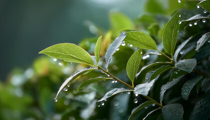 Fototapeta premium inexperienced leaf of bush with water drop after rain