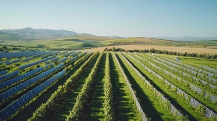 Naklejka premium Sustainable Vineyard with Integrated Solar Panels Aerial View of Clean Energy Agriculture