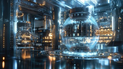 Visualization of quantum computing enhancing energy efficiency, with quantum processors optimizing power consumption in high-tech systems