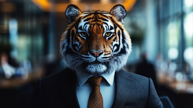 In a bustling office filled with serious professionals, a tiger in a tailored business suit paces with purpose. The striking contrast of its wild nature and corporate attire captivates all eyes
