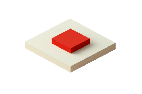 Red cube on a neutral platform, white isolated background