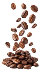 Naklejka premium Roasted coffee beans, a lot of beans lies and levitates, isolated on a transparent background