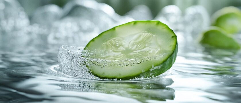 A crisp cucumber slice placed on a smooth glass surface.