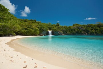 Fototapeta premium Pristine Tropical Beach with Waterfall Oasis
