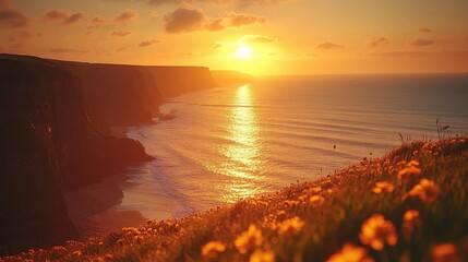 Golden Sunset over Dramatic Ocean Cliffs and Vibrant Wildflowers