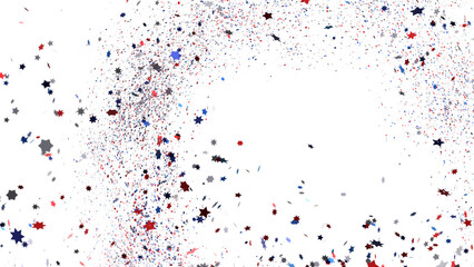 Red white blue shiny confetti stars on white background, isolate, tricolor concept, independence and freedom day USA