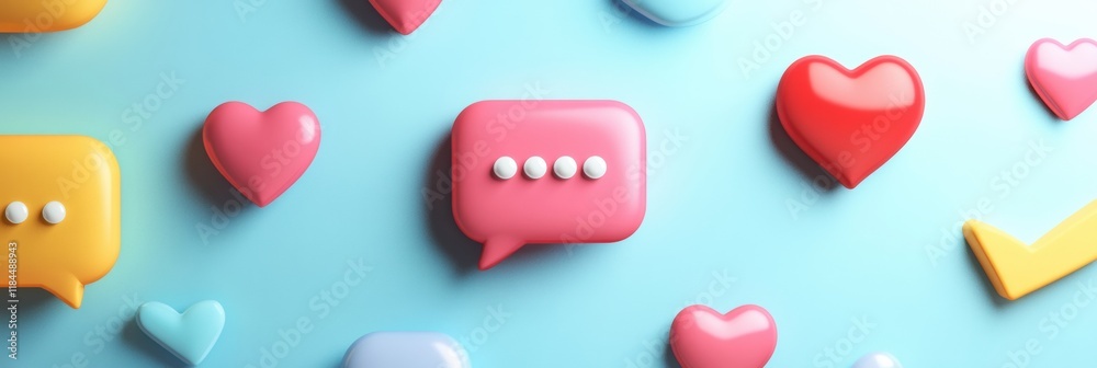 Leinwandbilder colorful floating 3d chat bubbles with hearts and arrows on a blue background, creating a playful an