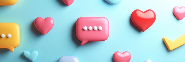 Colorful floating 3D chat bubbles with hearts and arrows on a blue background, creating a playful and vibrant communication theme. Generative AI