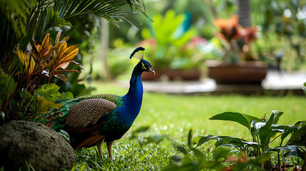 Obraz premium A blue peacock is walking through a lush green field. generated using AI