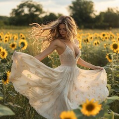 Beautiful woman twirling in a sunflower field during golden hour with flowing dress and radiant hair
