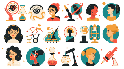 A collection of icons representing women’s achievements in science, art, and politics, isolated on white background, cut out --ar 16:9