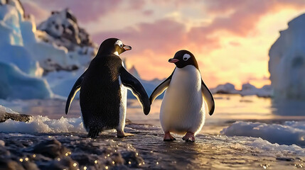 Obraz premium Two penguins are standing on a rocky shoreline, holding hands. generated using AI