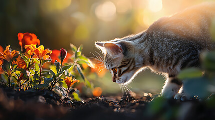 A cat is sniffing the ground in a garden. generated using AI