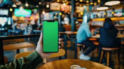 Mockup image of a smartphone with green screen in a cafe