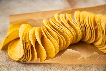 potato chips fast food fresh tasty food dish delicious gourmet food background on the table rustic food top view copy space
