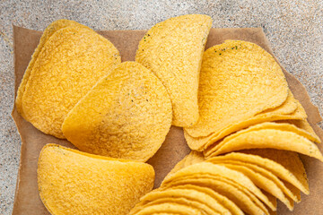 potato chips fast food fresh tasty food dish delicious gourmet food background on the table rustic food top view copy space