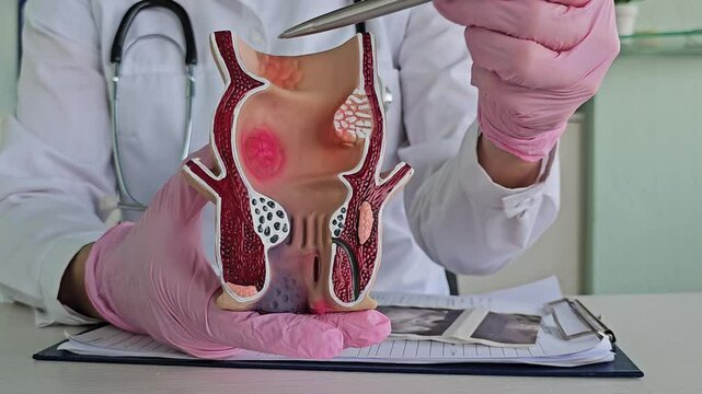 Medical sciences showing diseases of rectum on artificial model of human organ concept