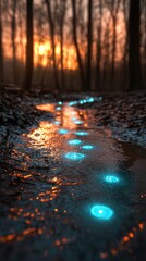 Fototapeta premium Magical Glowing Trail Through Enchanting Woodland at Sunset