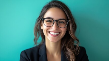 Fototapeta premium Smiling Woman in Glasses: A Portrait of Joyful Confidence