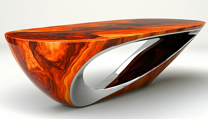 Sleek, modern coffee table crafted from rich, polished wood and gleaming chrome.  Organic form meets contemporary design.