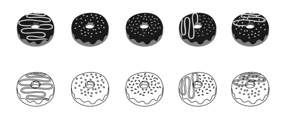 donuts icon set with various toppings, vector illustration isolated on white background.