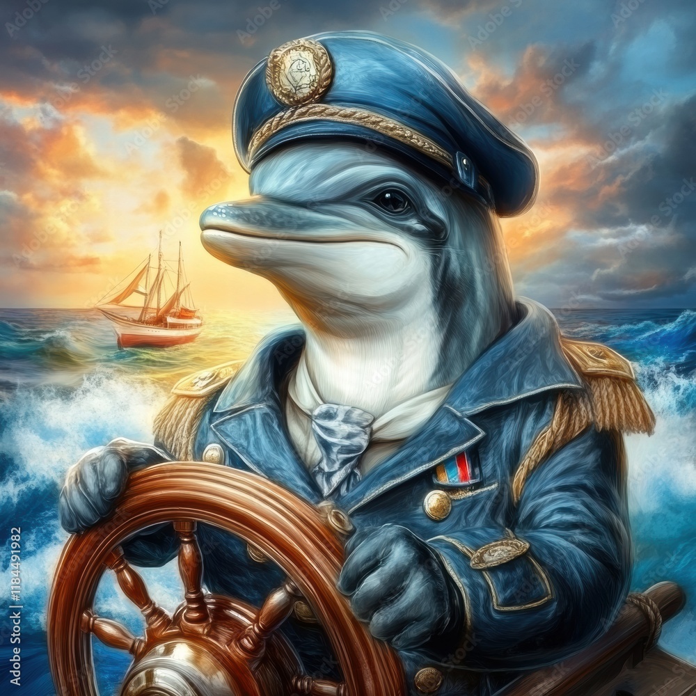 Poster dolphin dressed as a ship captain steering a vessel in a colorful ocean setting. generative ai