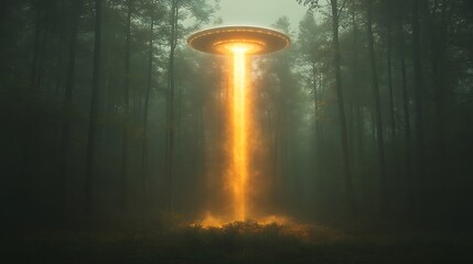 Fototapeta premium gleaming UFO hovers silently above a dense, foggy forest. Its bright, glowing underside casts an eerie light on the surrounding trees