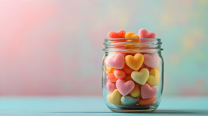 Colorful heart-shaped candies in a jar festive setting food photography whimsical atmosphere close-up view love and joy concept
