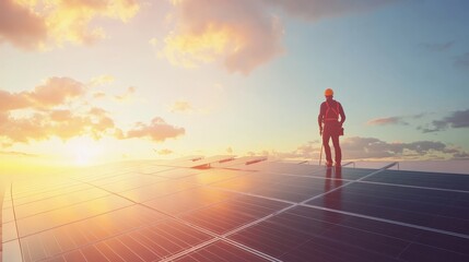 Fototapeta premium Solar Panel Technician Surveying Golden Sunset Vista