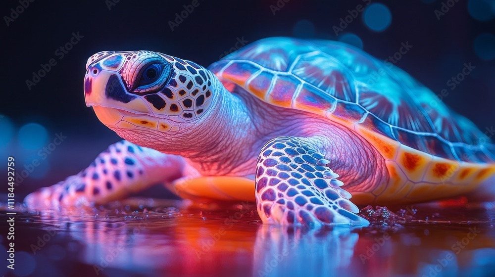 Poster a striking turtle with a neon shell explores its surroundings, exuding vibrant colors against a mesm