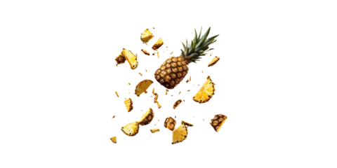 Pineapple with sliced pieces flying in air isolated on transparent background