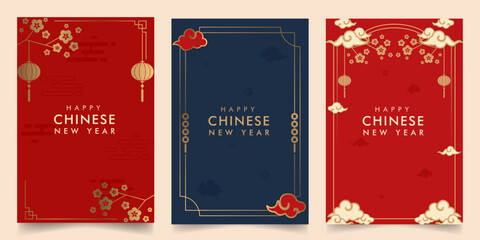 Premium simple Chinese lunar new year graphic design in red, gold and blue set. For festival, poster, greeting, invitation