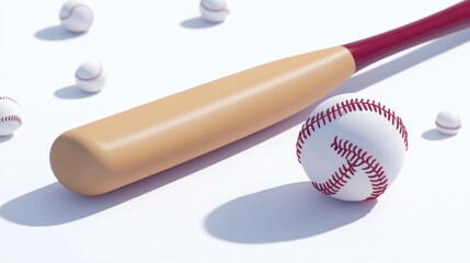 Wooden Baseball Bat and Softball on White Background for Sporting Themes