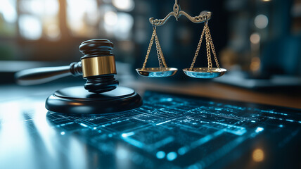 Justice and Technology: Gavel and Scales of Justice on a digital background.  A symbolic image representing the intersection of law and technology, ideal for legal, technological.