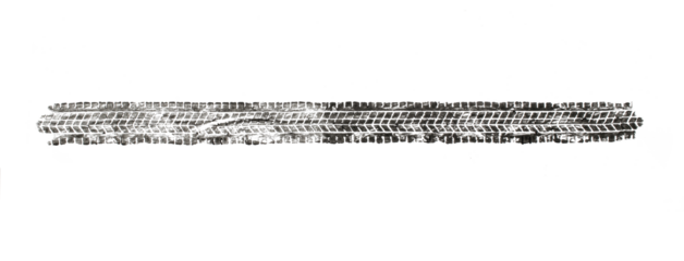 black traces of tractor tires on white background..