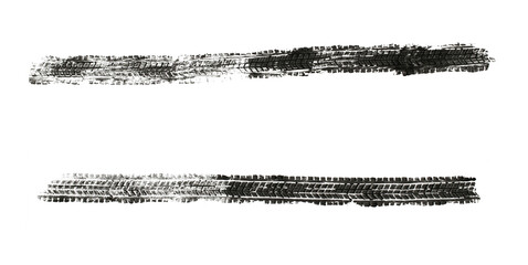 black traces of tractor tires on white background..