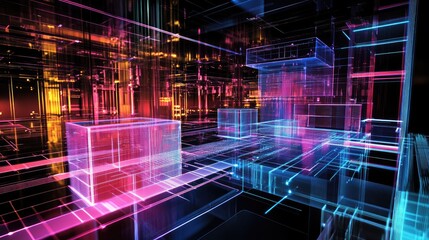 Obraz premium Visualization of quantum computing's role in modern art, with quantum systems used to manipulate light and color in digital canvas creation