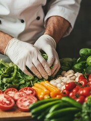 Food safety and hygiene concept. A chef in gloves prepares fresh vegetables, including tomatoes, peppers, and greens, on a wooden cutting board.