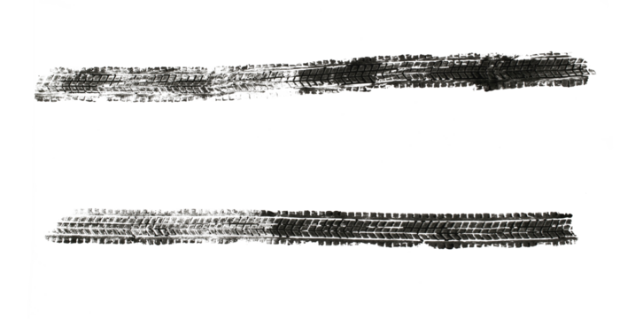 black traces of tractor tires on white background..