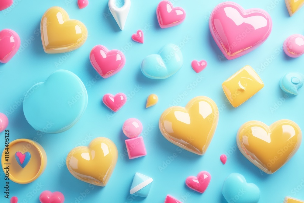 Fototapete Colorful floating 3D chat bubbles hearts and arrows create a vibrant digital atmosphere suitable for social interactions. Generative AI