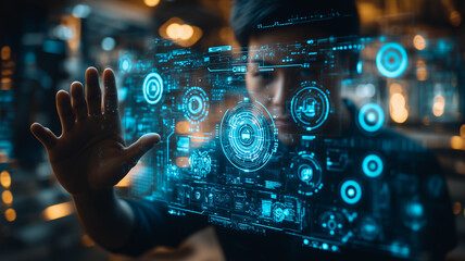 Technologist Interacting with Holographic Interface: A focused individual interacts with a futuristic holographic interface.